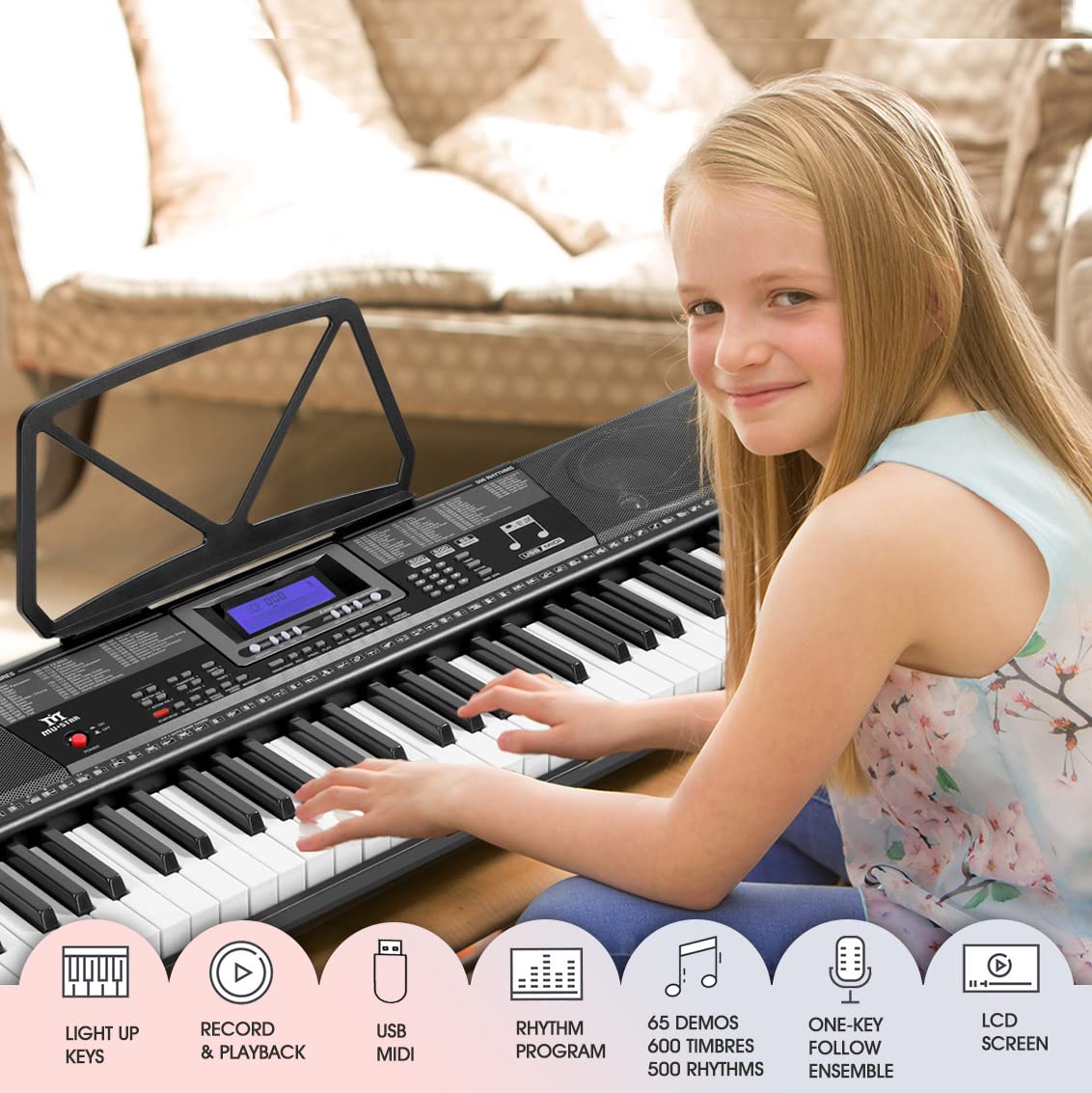 MUSTAR Piano Keyboard, 61 Key Keyboard Piano with Light Up Keys, Electric Piano Portable Piano Keyboard for Beginners with Stand, Sustain Pedal, Headphones, Microphone