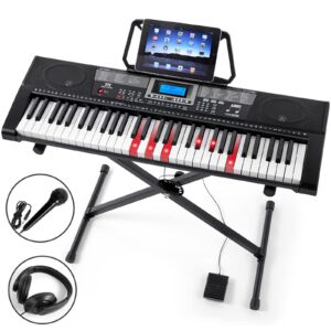 mustar piano keyboard, 61 key keyboard piano with light up keys, electric piano portable piano keyboard for beginners with stand, sustain pedal, headphones, microphone