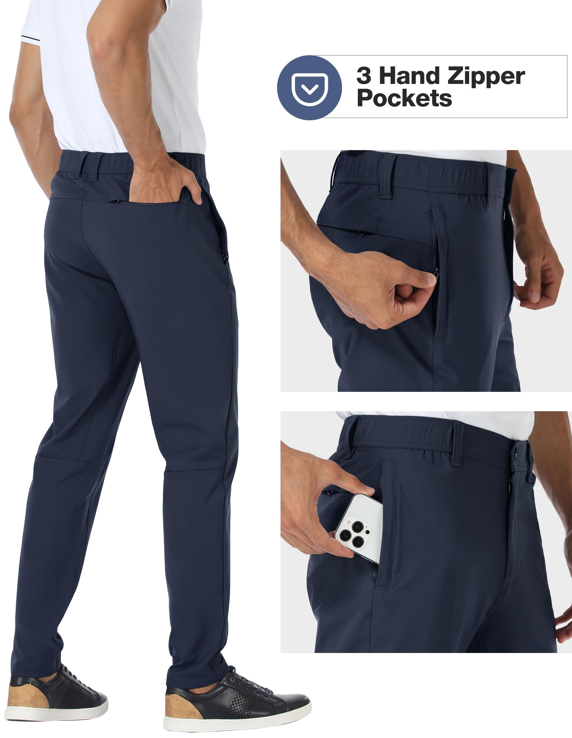 Mens Work Pants Golf Slim Fit Dress Business Casual Pants Waterproof High Waisted Tapered Pants with Pockets Navy,32Wx32L