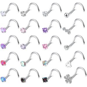 Besteel 20 Pcs Hypoallergenic 20G Nose Rings for Women Men Cubic Zirconia Stainless Steel Nose Studs Set Labret Lip Nostril Piercing Jewelry Multicolor 2mm Screw