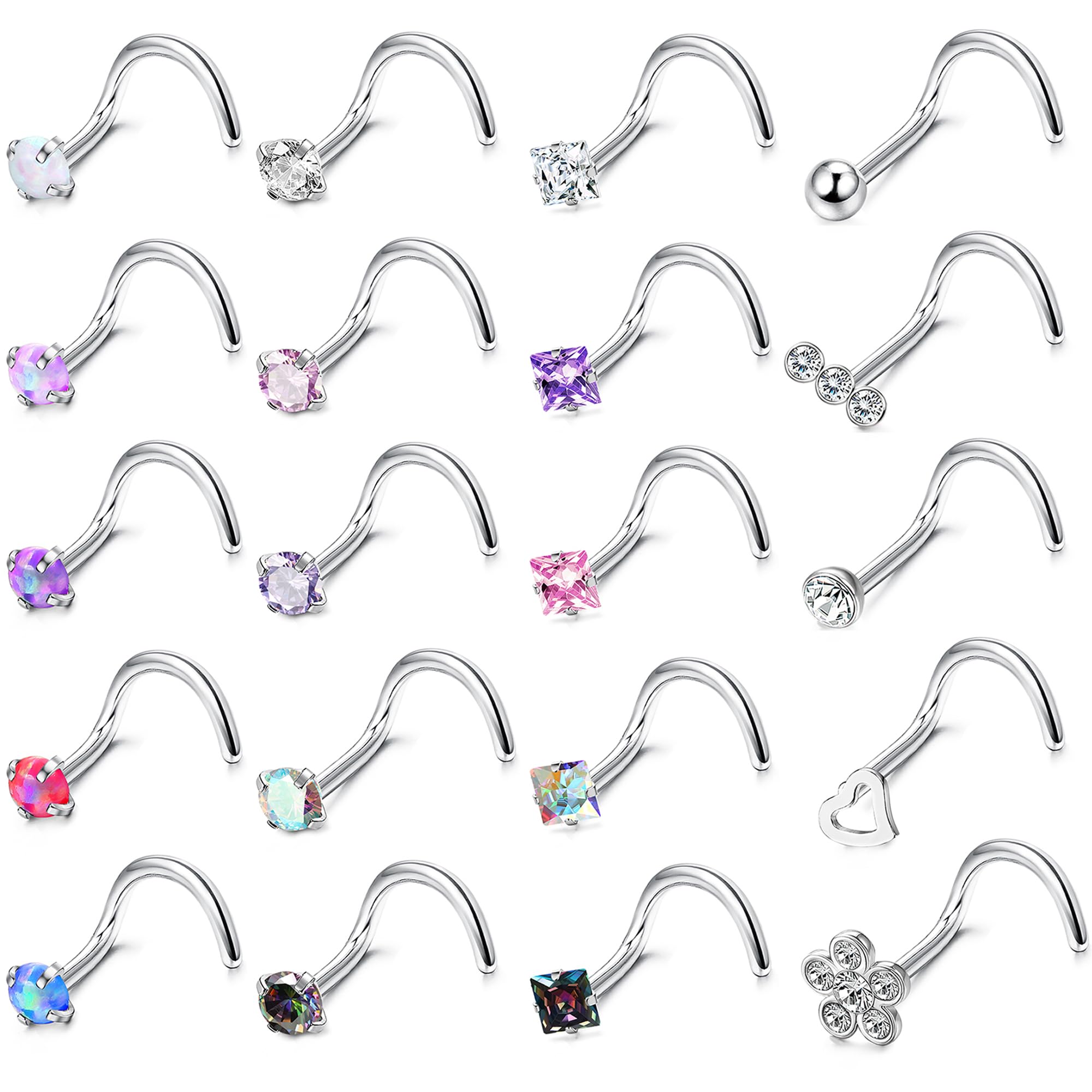 Besteel 20 Pcs Hypoallergenic 20G Nose Rings for Women Men Cubic Zirconia Stainless Steel Nose Studs Set Labret Lip Nostril Piercing Jewelry Multicolor 2mm Screw