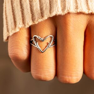 Story Jewellery Silver Plated Heart Wire Promise Rings for Women, Inspirational Dainty Heart Wire Jewelry Gifts for Her, Birthday Christmas Valentines Gifts for Women (Sterling Silver 12)