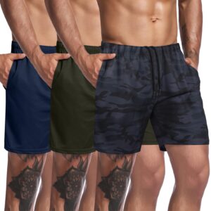 coofandy men's running shorts 3 pack quick dry athletic workout gym shorts with pockets,black camo/army green/navy blue,large