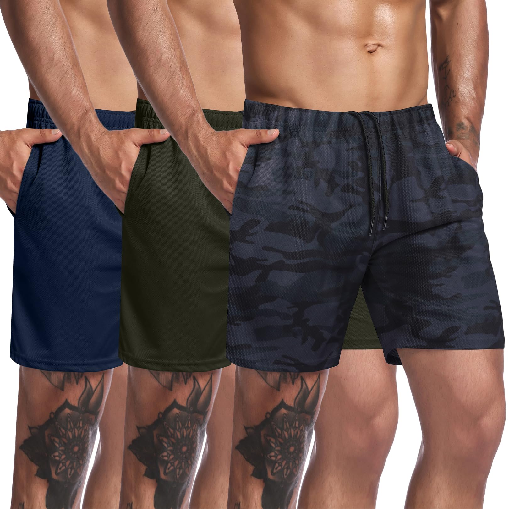 COOFANDY Men's Running Shorts 3 Pack Quick Dry Athletic Workout Gym Shorts with Pockets,Black Camo/Army Green/Navy Blue,Large