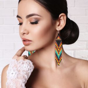 BBTO 4 Pcs Long Beaded Tassel Earrings Bohemia Colorful Native Handmade Statement Fringe Drop Earrings Boho Dangle Tassel Earrings for Women(Exotic)