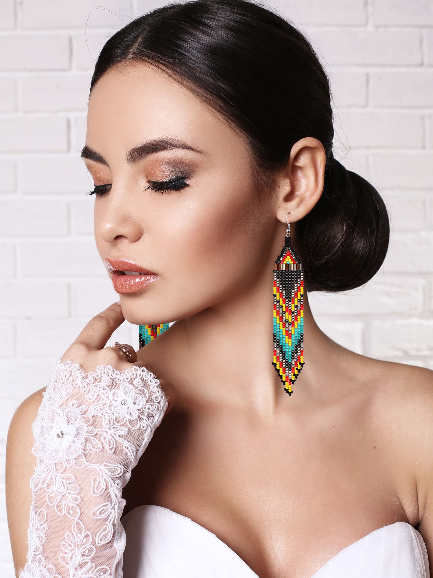 BBTO 4 Pcs Long Beaded Tassel Earrings Bohemia Colorful Native Handmade Statement Fringe Drop Earrings Boho Dangle Tassel Earrings for Women(Exotic)