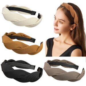 Springtime Set of 4 Fashion Solid Headbands for Women Girls 1.2inch Wide Braided Headband Fabric Hairbands with Tooth Non Slip Hairhoop Accesorries