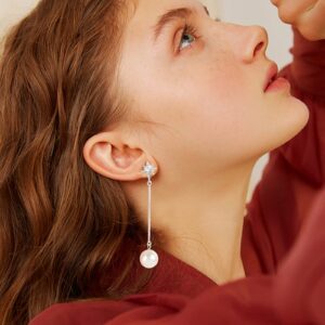 ACECHA Long Pearl Drop Dangle Earrings for Women White Gold Plated Chain Earrings Jewelry for Wedding