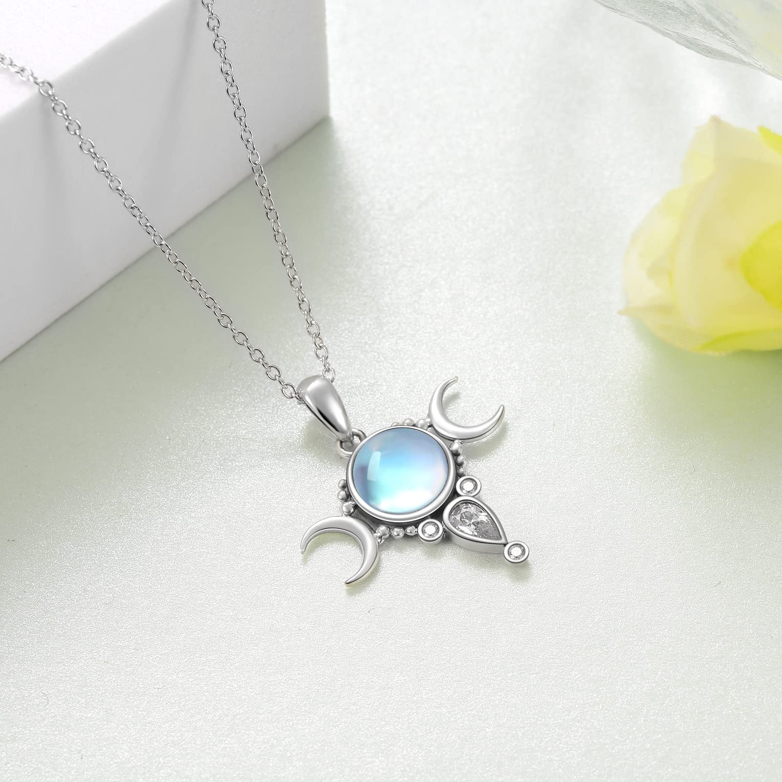 Moonstone Triple Moon Goddess Pendant Necklace Amulet Pentagram for Women Sterling Silver Wiccan Pagan Jewelry Gifts