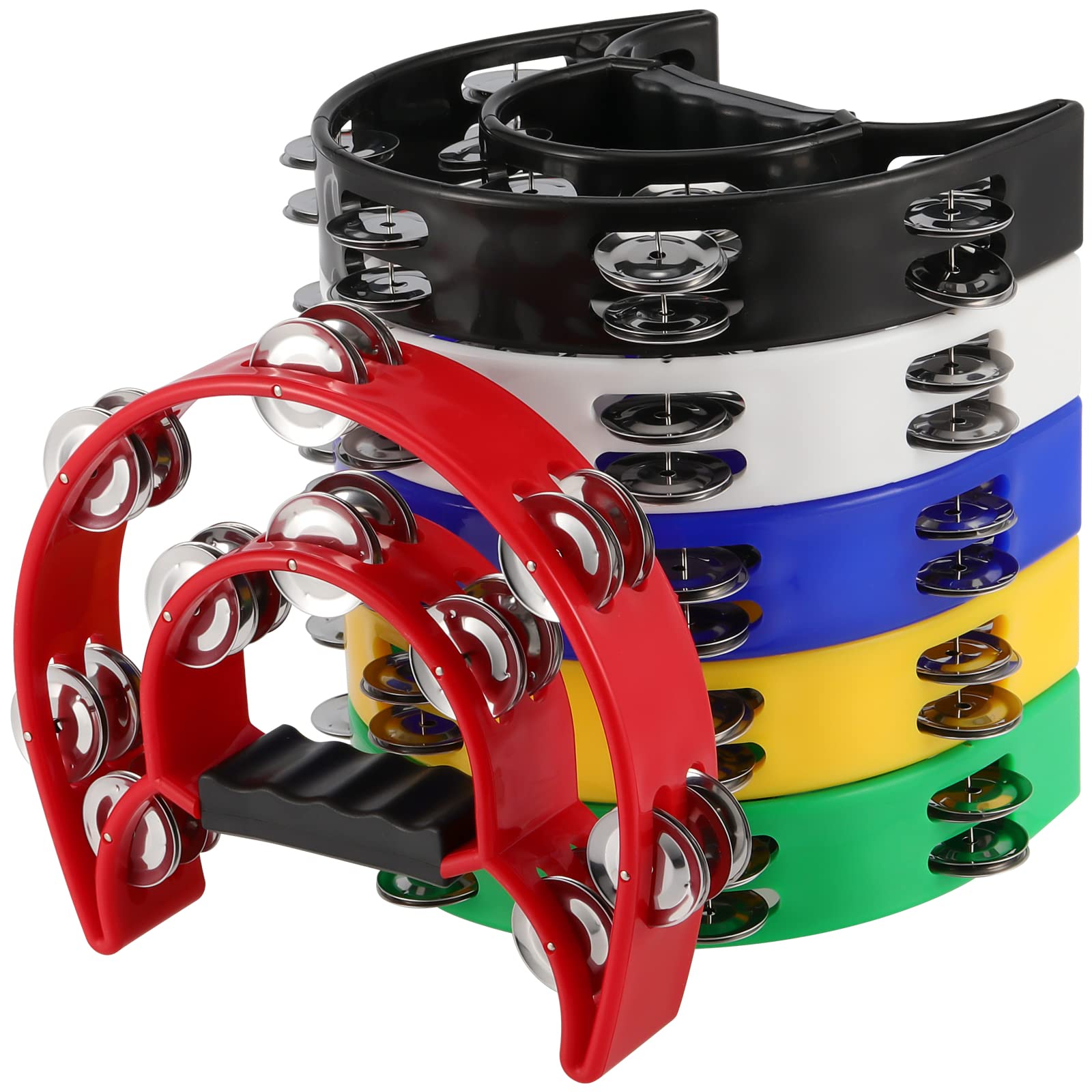 FUNSUEI 6 Pack Double Row Tambourine, Half Moon Handheld Tambourine, Metal Jingles Hand Held Percussion Plastic Musical Tambourine for Church, Party, Band, 6 Colors