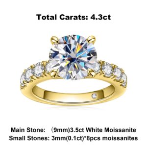 AnuClub Moissanite Engagement Ring 4.3cttw D Color Lab Created Diamond Round Cut 14K Yellow Gold Plated Sterling Silver Eternity Wedding Promise Anniversary Band Ring, Christmas Gift for Women 7.0