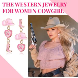 2 Pairs Cowboy Hat Earrings Cowgirl Earrings Western Jewelry Cowboy Boot Earrings Cute Jewelry Pink Heart Dangle Drop Cowgirl Jewelry Valentine's Day Gift for Women Girls Disco Country Party