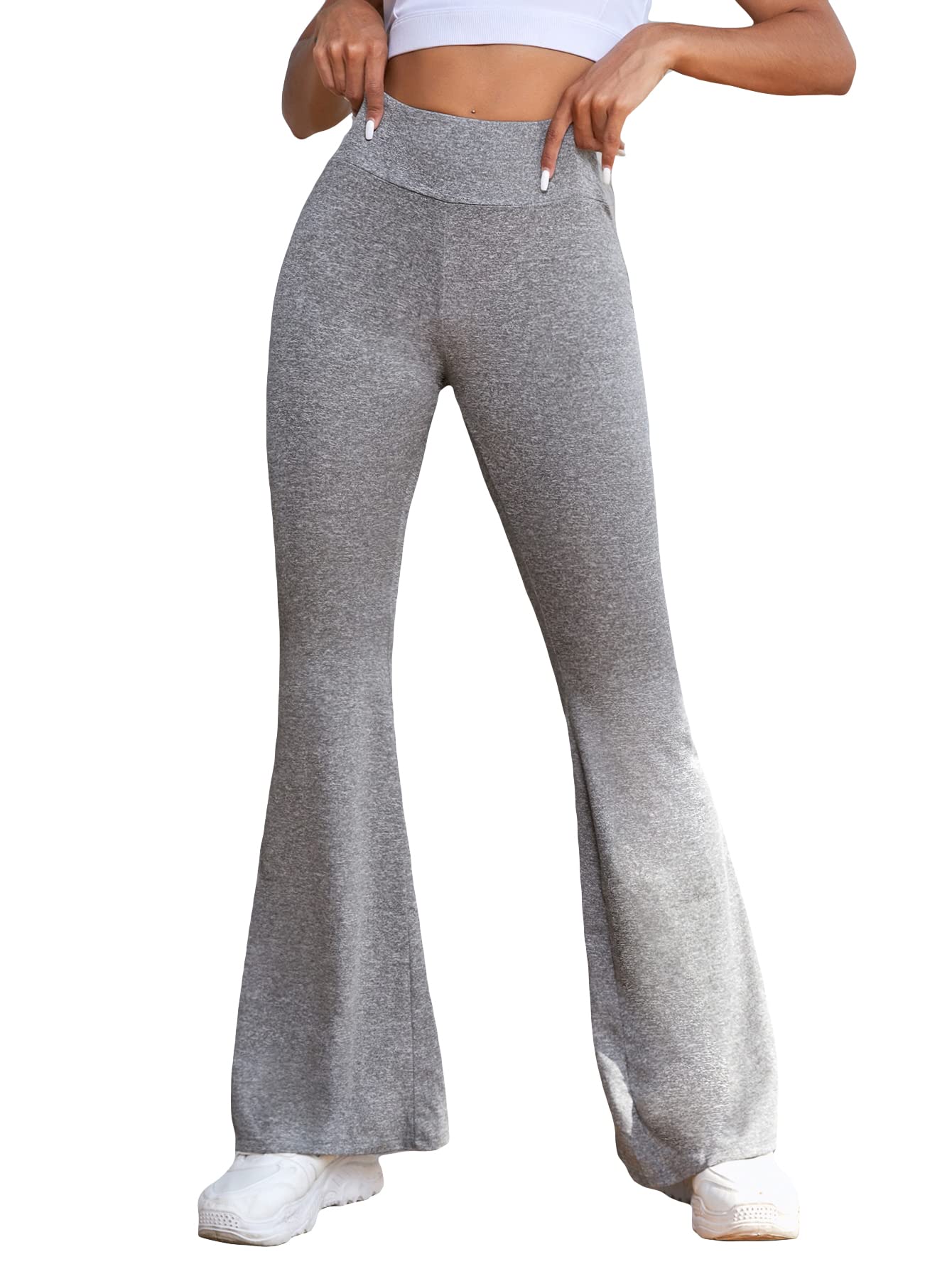 OYOANGLE Women's Yoga Flare Leg Bell Yoga Pants High Waisted Bootcut Bottom Yoga Leggings Grey M