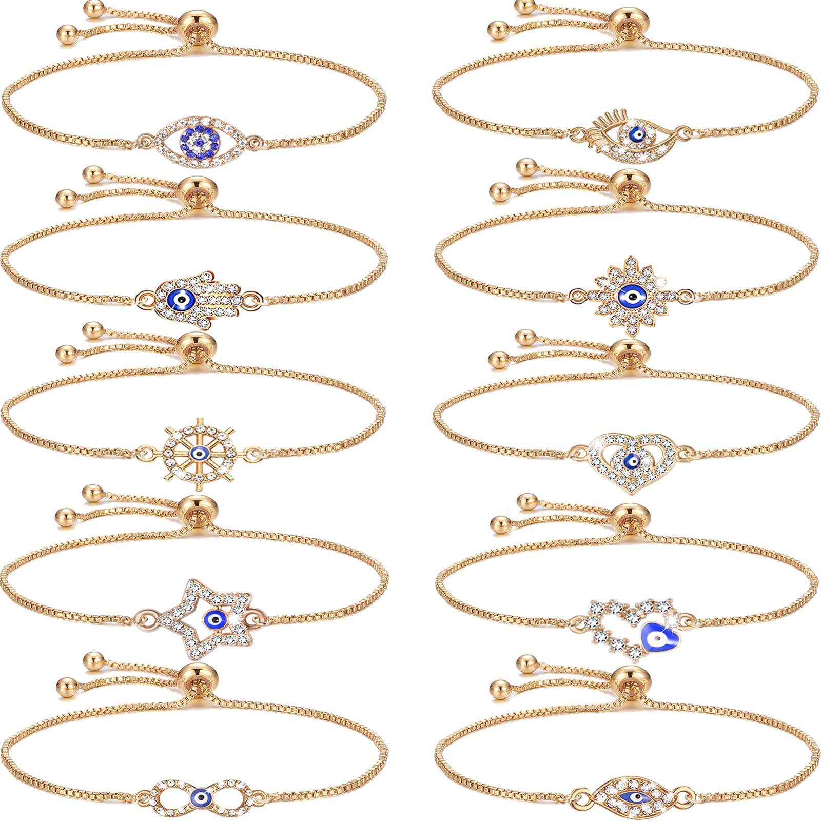 10pcs Gold Evil Eye Bracelets Mexican Bracelets Adjustable Hamsa Bracelet Set Mal de ojo Bracelet Lucky Amulet Evil Eye Jewelry for Women