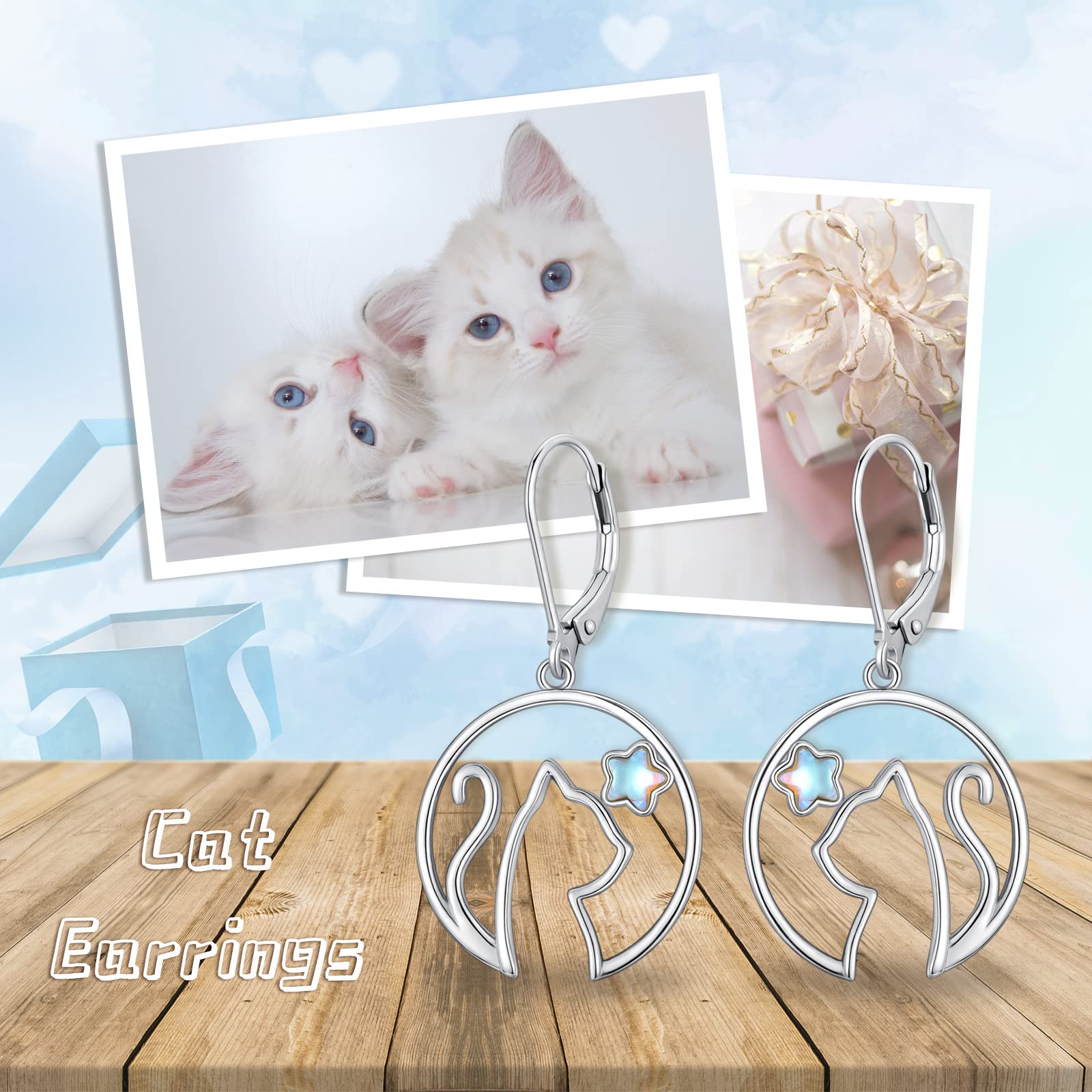 Cat Earrings with Moonstone 925 Sterling Silver Kitten Dangle Dangling Drop Charm Leverback Earrings Animal Jewelry Gifts for Women