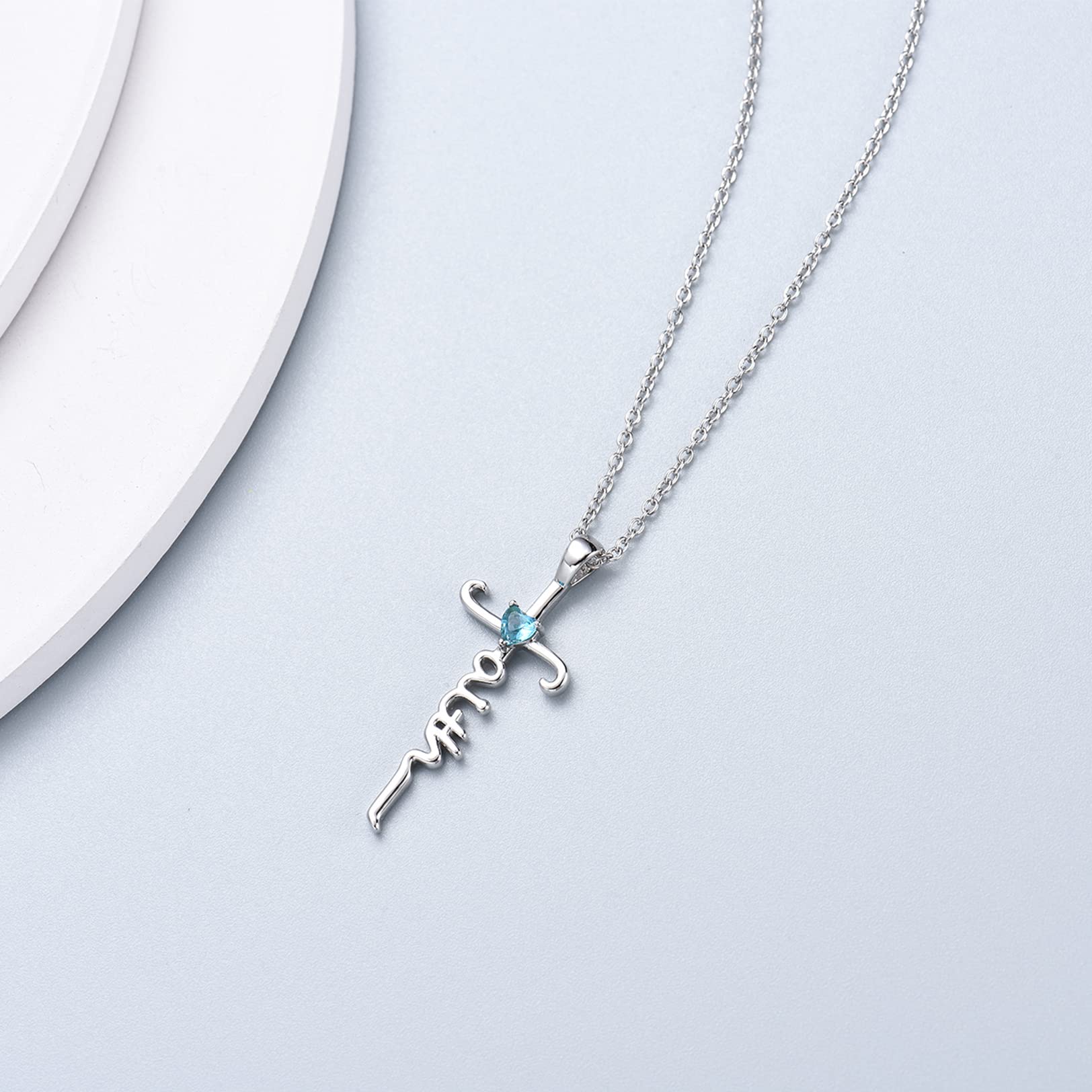 Nupdot Silver Cross Necklace for Women, Sterling Silver Chain March Birthstone Faith Cross Pendant Necklaces Christmas Christian Religious Birthday Gifts for Her, with Gifts Box