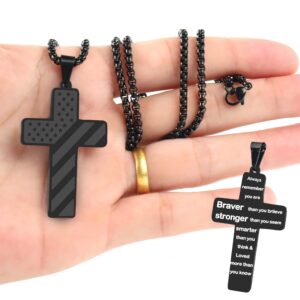 REGIS American Flag Cross Necklace， Stainless Steel Chain with 24-Inch Bible Verse Lord's Prayer Pendant - Men's Patriotic Religious Christian Gift (Always remember, black)