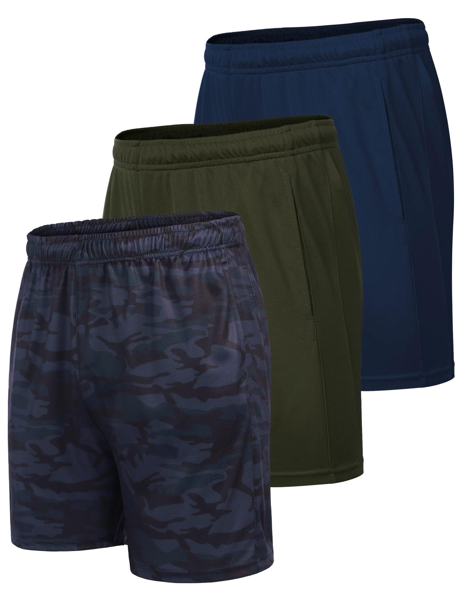 COOFANDY Men's Running Shorts 3 Pack Quick Dry Athletic Workout Gym Shorts with Pockets,Black Camo/Army Green/Navy Blue,Large