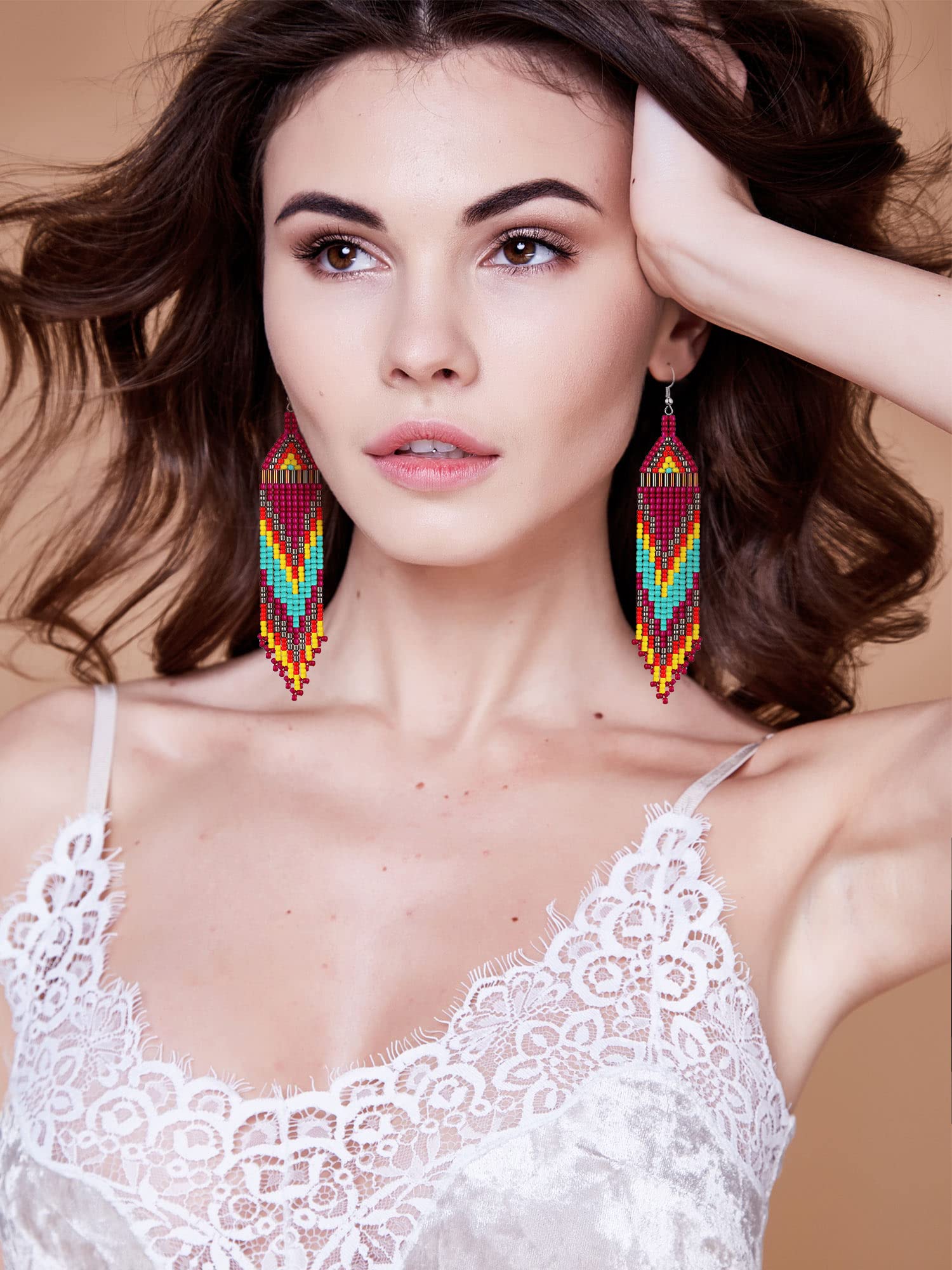 BBTO 4 Pcs Long Beaded Tassel Earrings Bohemia Colorful Native Handmade Statement Fringe Drop Earrings Boho Dangle Tassel Earrings for Women(Exotic)