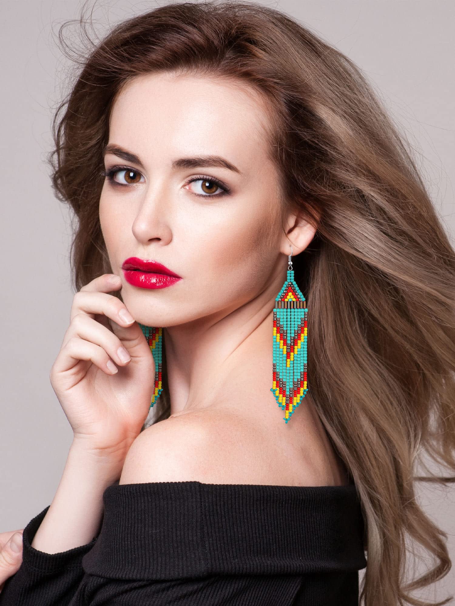 BBTO 4 Pcs Long Beaded Tassel Earrings Bohemia Colorful Native Handmade Statement Fringe Drop Earrings Boho Dangle Tassel Earrings for Women(Exotic)