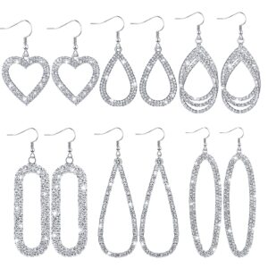 6 Pairs Silver Rhinestone Dangle Earrings Simulated Diamond Teardrop Dangle Earrings Hoop Drop Tear Drop Earrings Crystal Long Dangling Earrings for Women