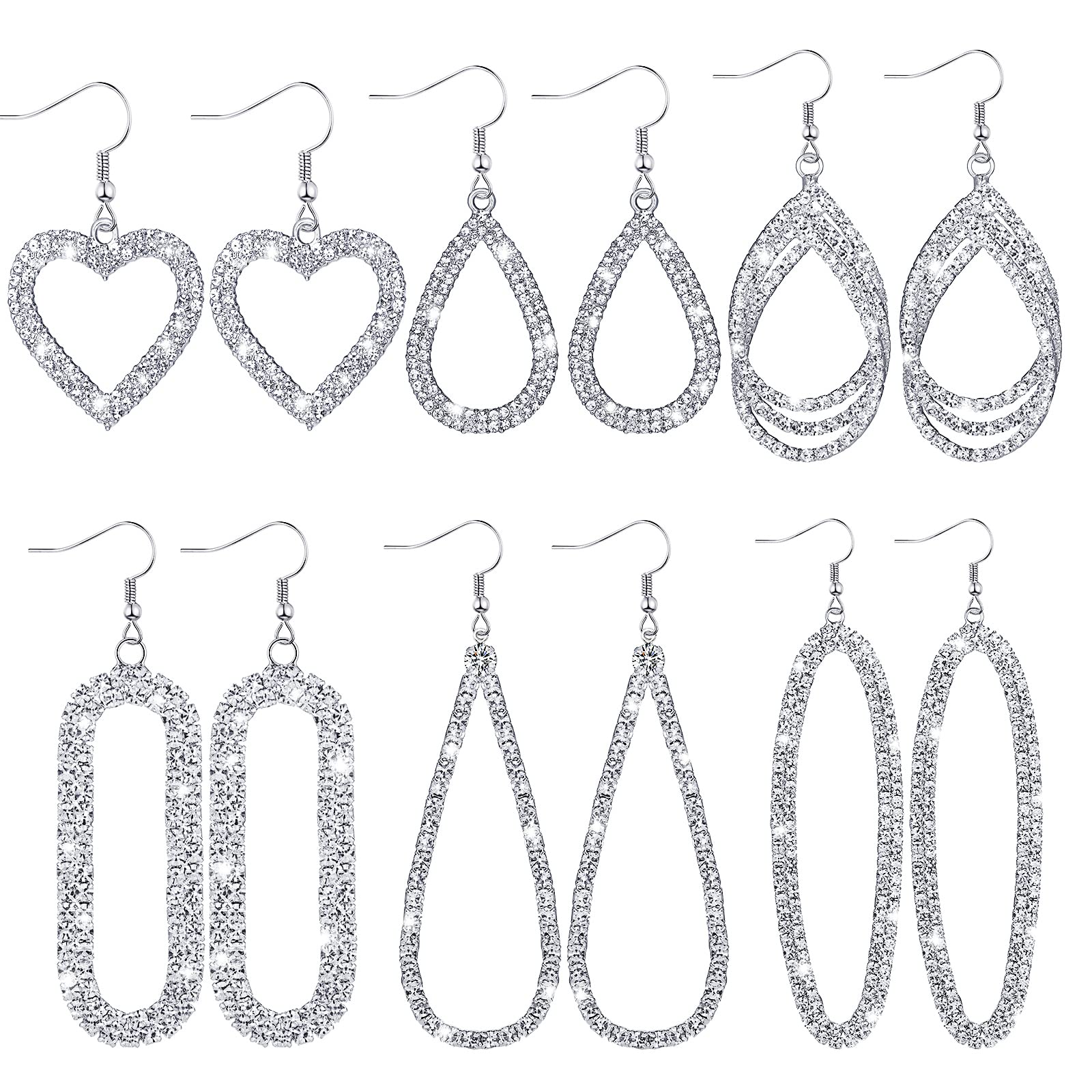 6 Pairs Silver Rhinestone Dangle Earrings Simulated Diamond Teardrop Dangle Earrings Hoop Drop Tear Drop Earrings Crystal Long Dangling Earrings for Women