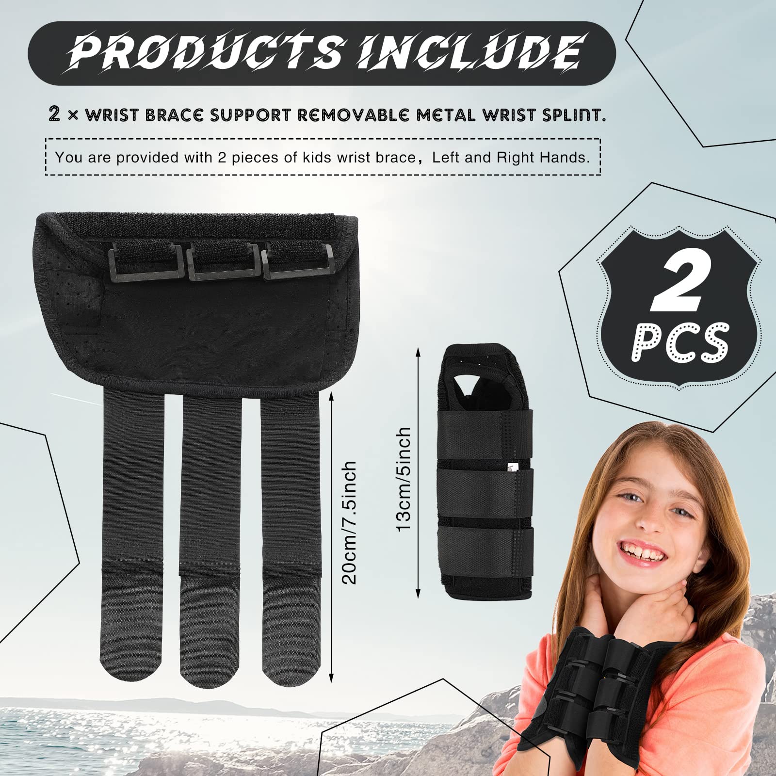 2 Pcs Wrist Brace for Kids Youth Carpal Tunnel Black Splints Wrist Brace Night Support with Adjustable Compression Straps for Children Sports Sleep (Age 8-12)