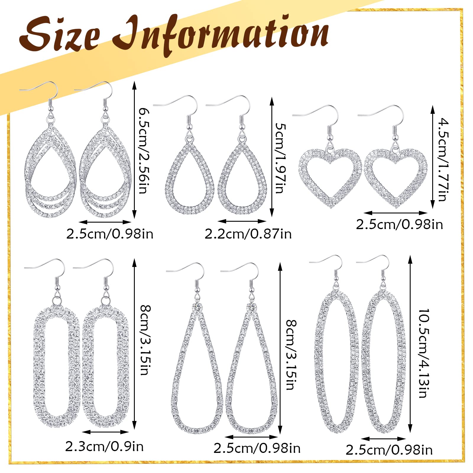 6 Pairs Silver Rhinestone Dangle Earrings Simulated Diamond Teardrop Dangle Earrings Hoop Drop Tear Drop Earrings Crystal Long Dangling Earrings for Women