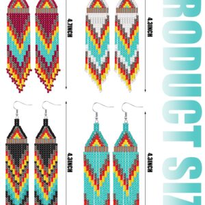 BBTO 4 Pcs Long Beaded Tassel Earrings Bohemia Colorful Native Handmade Statement Fringe Drop Earrings Boho Dangle Tassel Earrings for Women(Exotic)