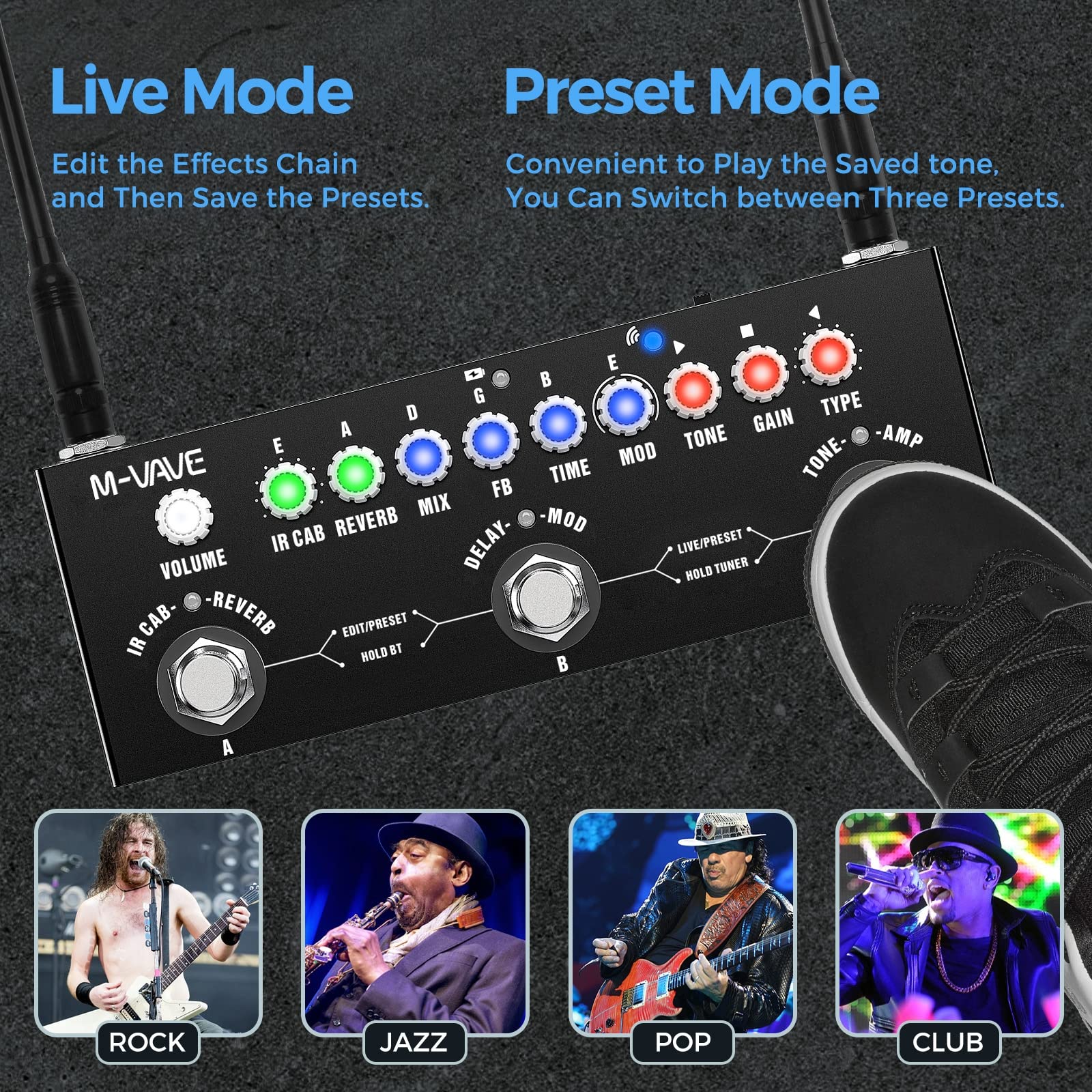 Multi Effects Guitar Pedal with Chorus Delay Reverb Distortion Overdrive, Bluetooth, Built-in Battery, designed for Electric Guitar.