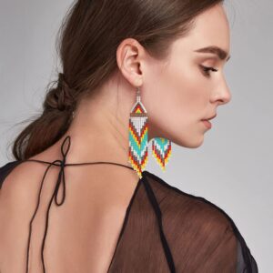 BBTO 4 Pcs Long Beaded Tassel Earrings Bohemia Colorful Native Handmade Statement Fringe Drop Earrings Boho Dangle Tassel Earrings for Women(Exotic)