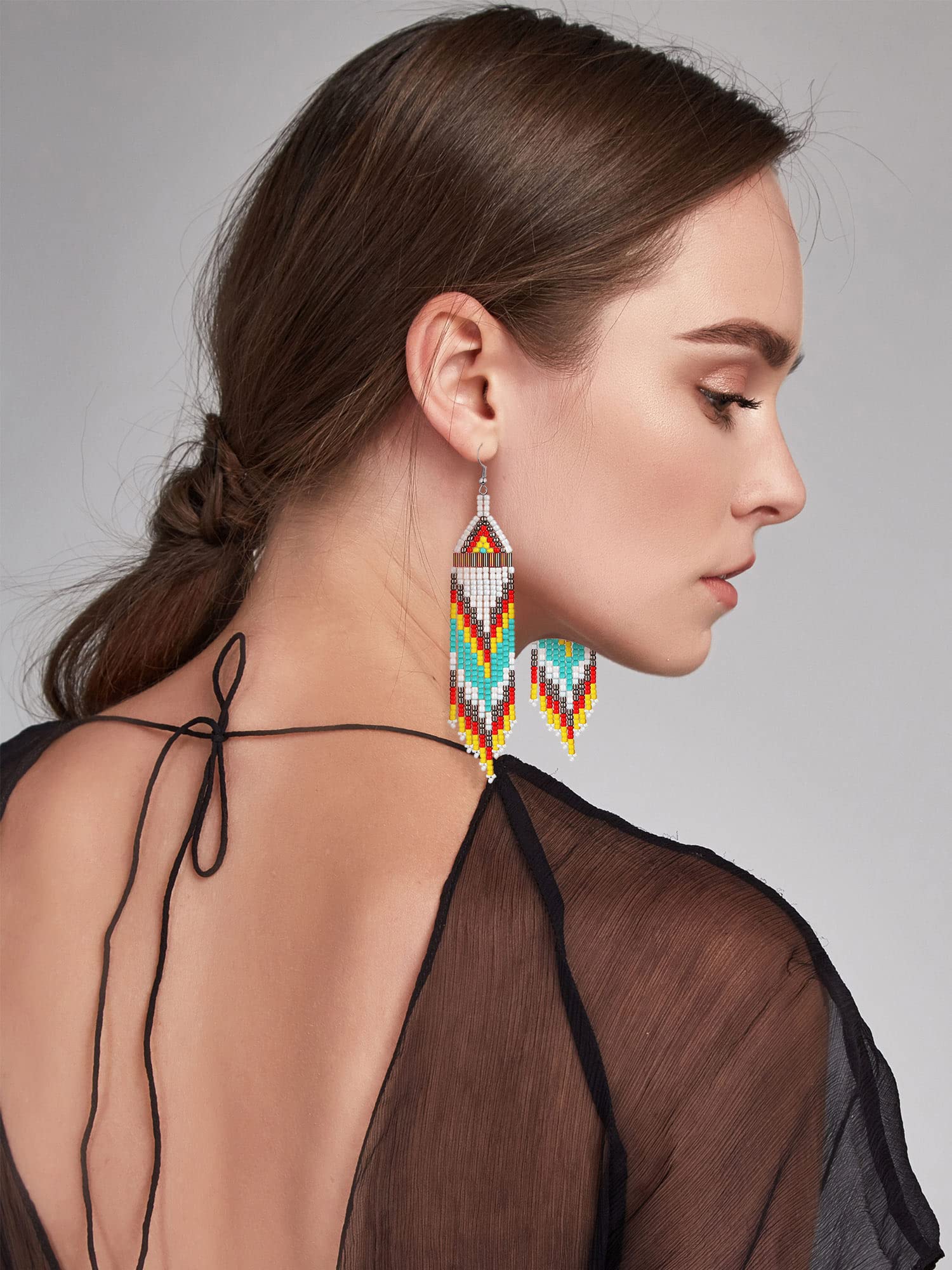 BBTO 4 Pcs Long Beaded Tassel Earrings Bohemia Colorful Native Handmade Statement Fringe Drop Earrings Boho Dangle Tassel Earrings for Women(Exotic)