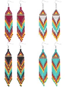 bbto 4 pcs long beaded tassel earrings bohemia colorful native handmade statement fringe drop earrings boho dangle tassel earrings for women(exotic)