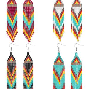 BBTO 4 Pcs Long Beaded Tassel Earrings Bohemia Colorful Native Handmade Statement Fringe Drop Earrings Boho Dangle Tassel Earrings for Women(Exotic)