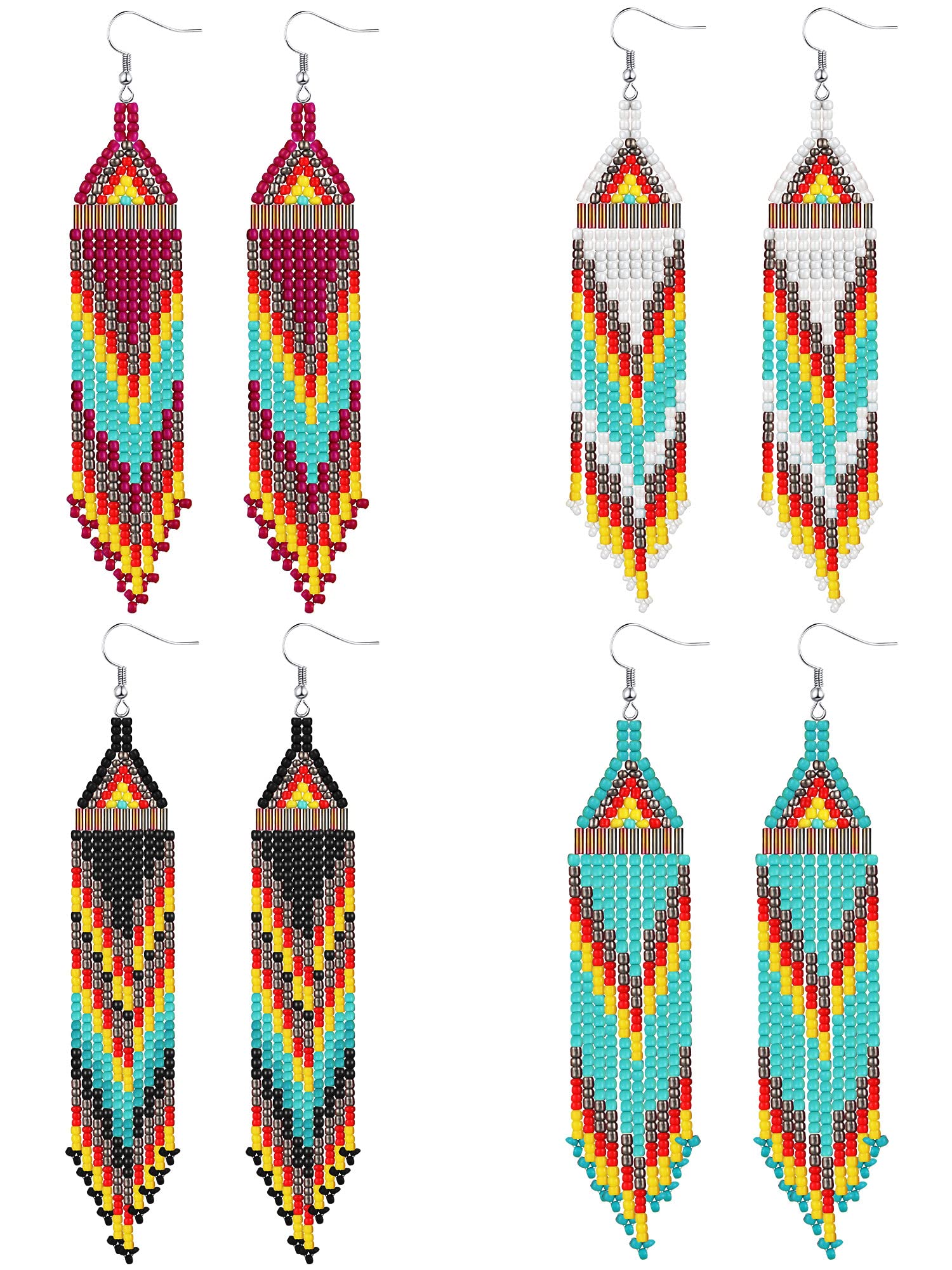 BBTO 4 Pcs Long Beaded Tassel Earrings Bohemia Colorful Native Handmade Statement Fringe Drop Earrings Boho Dangle Tassel Earrings for Women(Exotic)