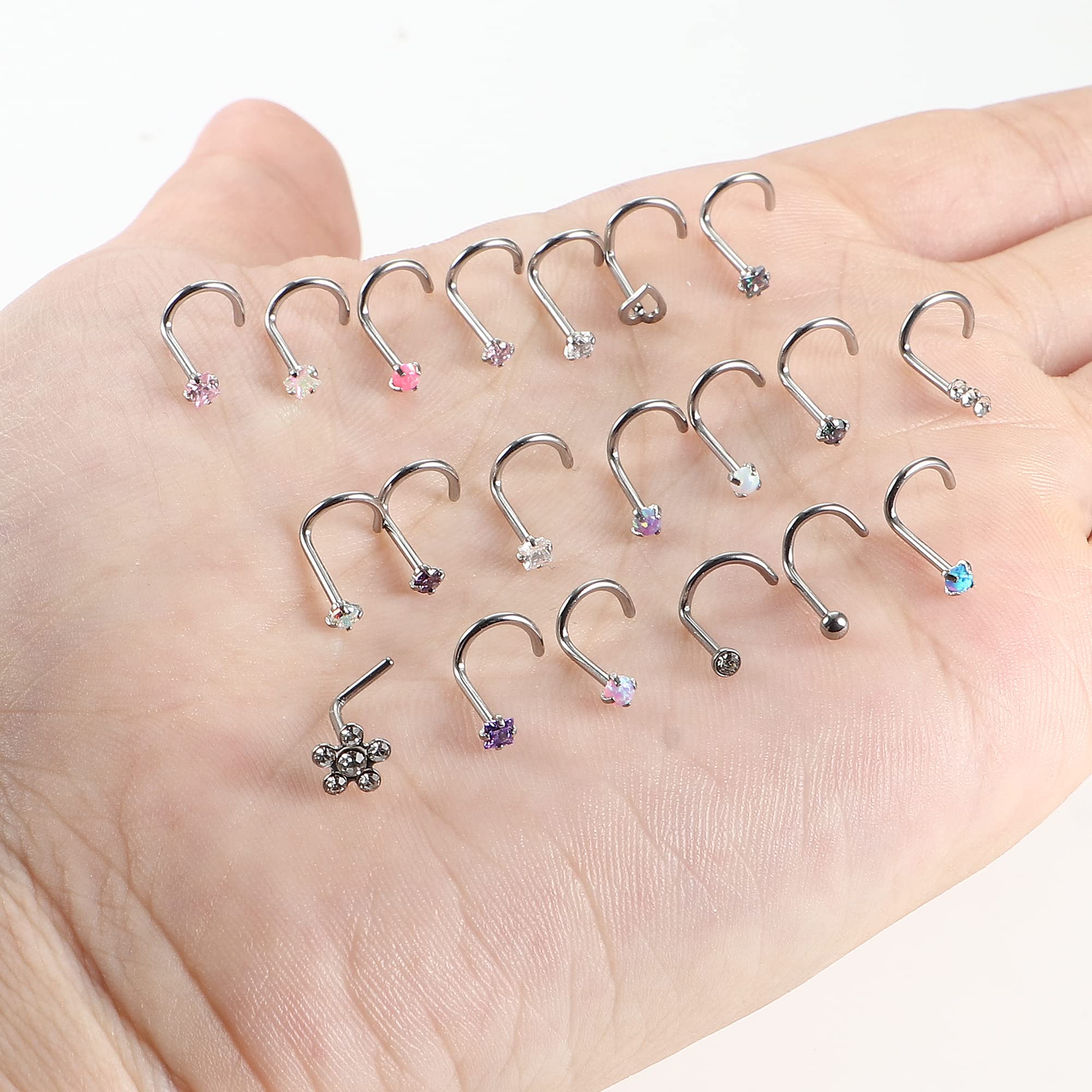 Besteel 20 Pcs Hypoallergenic 20G Nose Rings for Women Men Cubic Zirconia Stainless Steel Nose Studs Set Labret Lip Nostril Piercing Jewelry Multicolor 2mm Screw