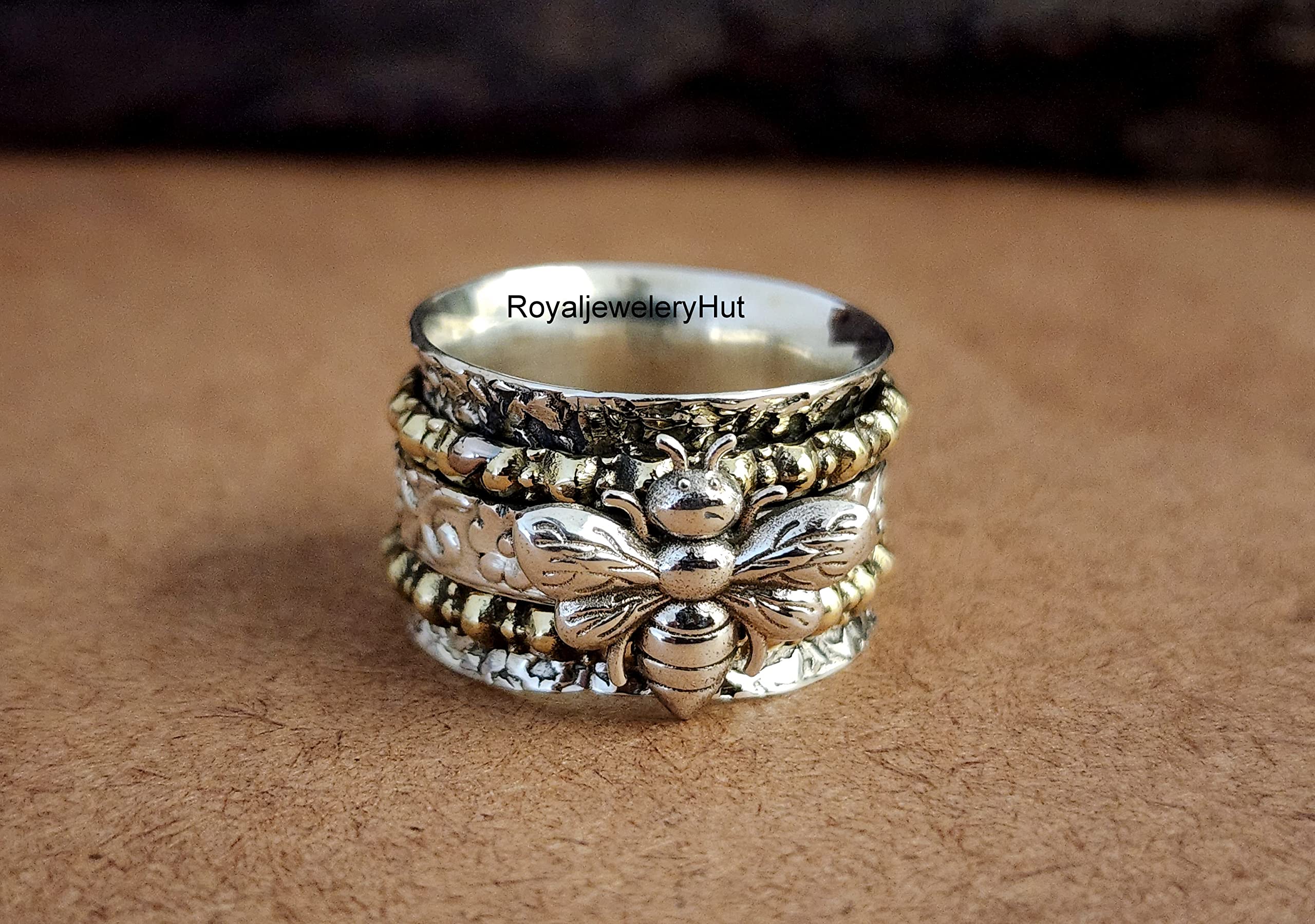 Silver Honey Bee Spinner Ring, 925 Solid Sterling Silver Ring, Three Band Fidget Ring, Anxiety Relief Ring, Boho Spin Ring, Women Ring, Men Ring (9.5)