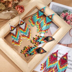 BBTO 4 Pcs Long Beaded Tassel Earrings Bohemia Colorful Native Handmade Statement Fringe Drop Earrings Boho Dangle Tassel Earrings for Women(Exotic)