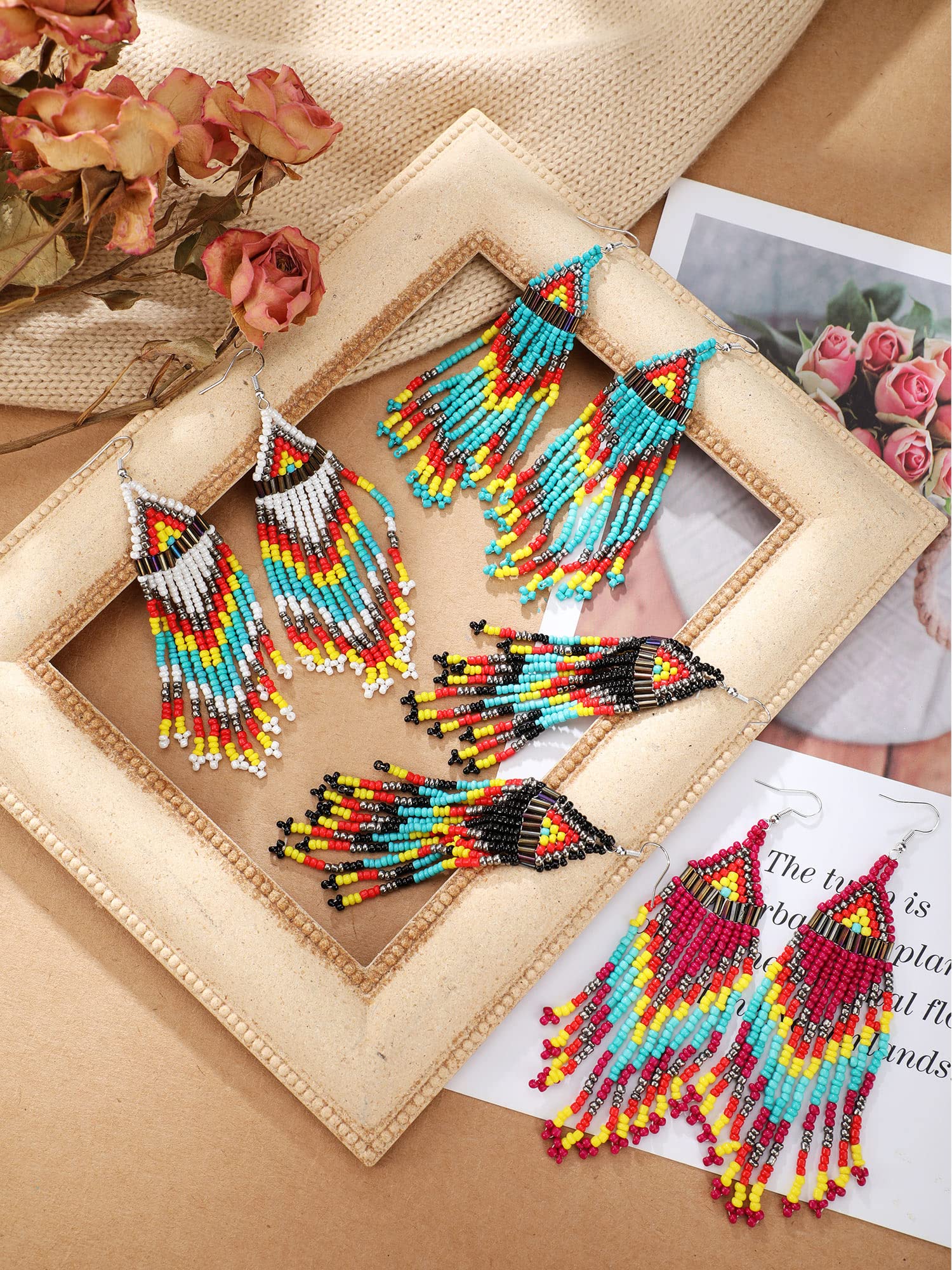 BBTO 4 Pcs Long Beaded Tassel Earrings Bohemia Colorful Native Handmade Statement Fringe Drop Earrings Boho Dangle Tassel Earrings for Women(Exotic)