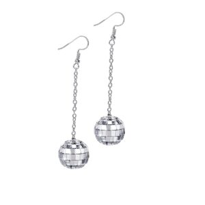 60'S 70'S Silver Mirror Disco Ball Drop Dangle Earrings Hook Chain Cool Punk for Women Classic Dance Party Halloween Costume Jewelry-Long Chain