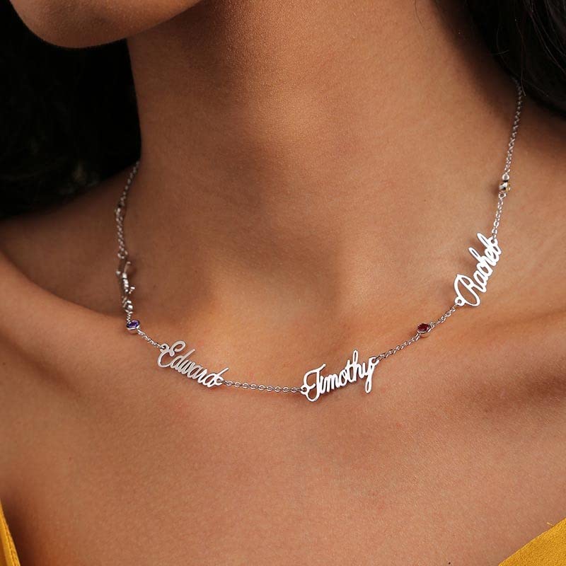 LONAGO Personalized 925 Sterling Silver 1-5 Name Necklace with Simulated Birthstone Custom Made Any Nameplate Pendant Jewelry for Women (Style 1-Silver)