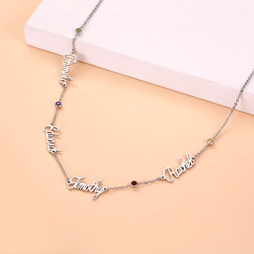 LONAGO Personalized 925 Sterling Silver 1-5 Name Necklace with Simulated Birthstone Custom Made Any Nameplate Pendant Jewelry for Women (Style 1-Silver)