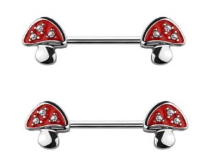 body accentz 14g paved mushrooms nipple ring nipple bar 1.6mm nipple piercing barbell (silvertone)