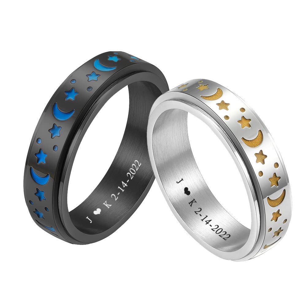 ZKXXJ Personalized Sun and Moon Stars Couple Rings Set for Him Her,Custom Matching Promise Rings for Couples Stainless Steel Dark Luminous Fidget Ring Anxiety Ring Engagement Wedding Band