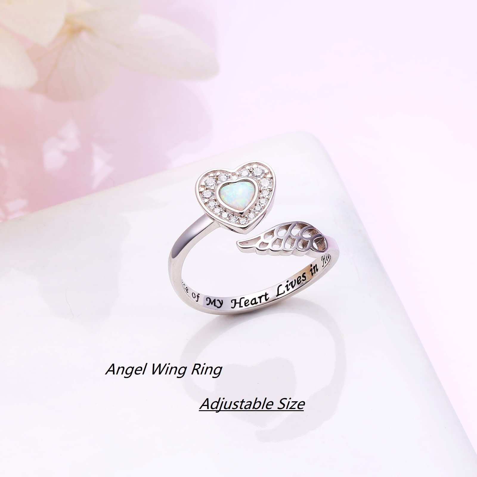 925 Sterling Silver Angel Wing Ring for Women Memorial Jewelry Engraved A Piece of My Heart Lives in Heaven Wrap Open Ring Lap Opal Heart Rings Adjustable Size 8