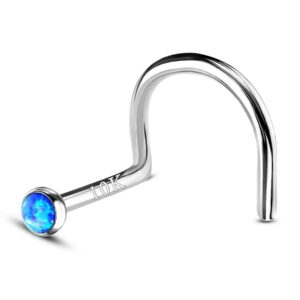 COCHARM 10k White Gold Nose Stud 20g Blue Opal Screw Nose Stud for Women Men White Gold Cute Twist Nose Stud