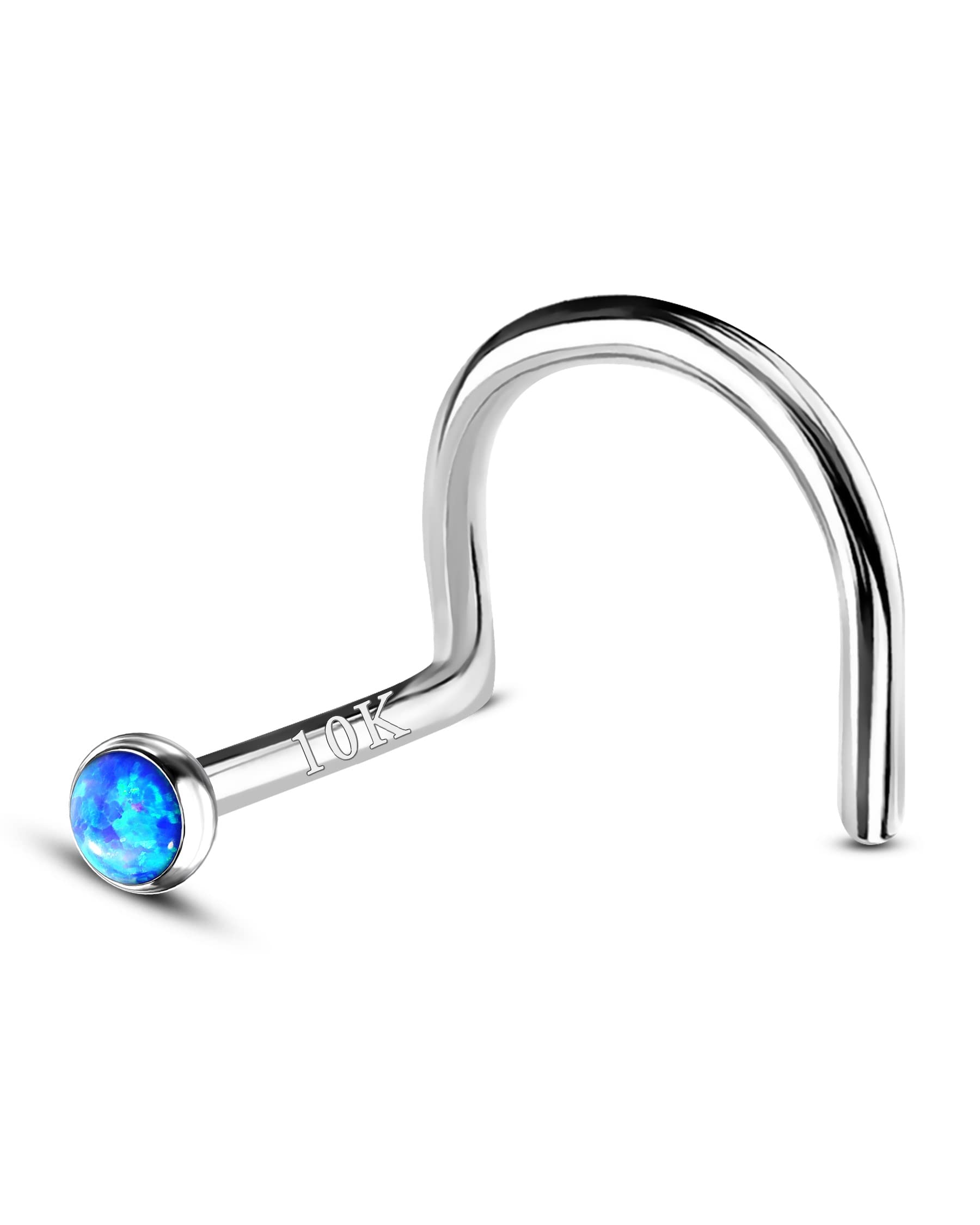 COCHARM 10k White Gold Nose Stud 20g Blue Opal Screw Nose Stud for Women Men White Gold Cute Twist Nose Stud