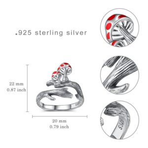 CVRAVO Mushroom Ring 925 Sterling Silver Red Mushroom Adjustable Open Ring Vintage Cute Nature Jewelry Gifts for Women