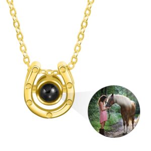 AILIN Custom Horseshoe Necklace For Women Brass/925 Sterling Silver Lucky Personalized Horse Photo Projection Necklace I Love You 100 Languages Memorial Horse Picture Pendant Birthday Chritmas Gifts