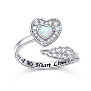 925 sterling silver angel wing ring for women memorial jewelry engraved a piece of my heart lives in heaven wrap open ring lap opal heart rings adjustable size 8